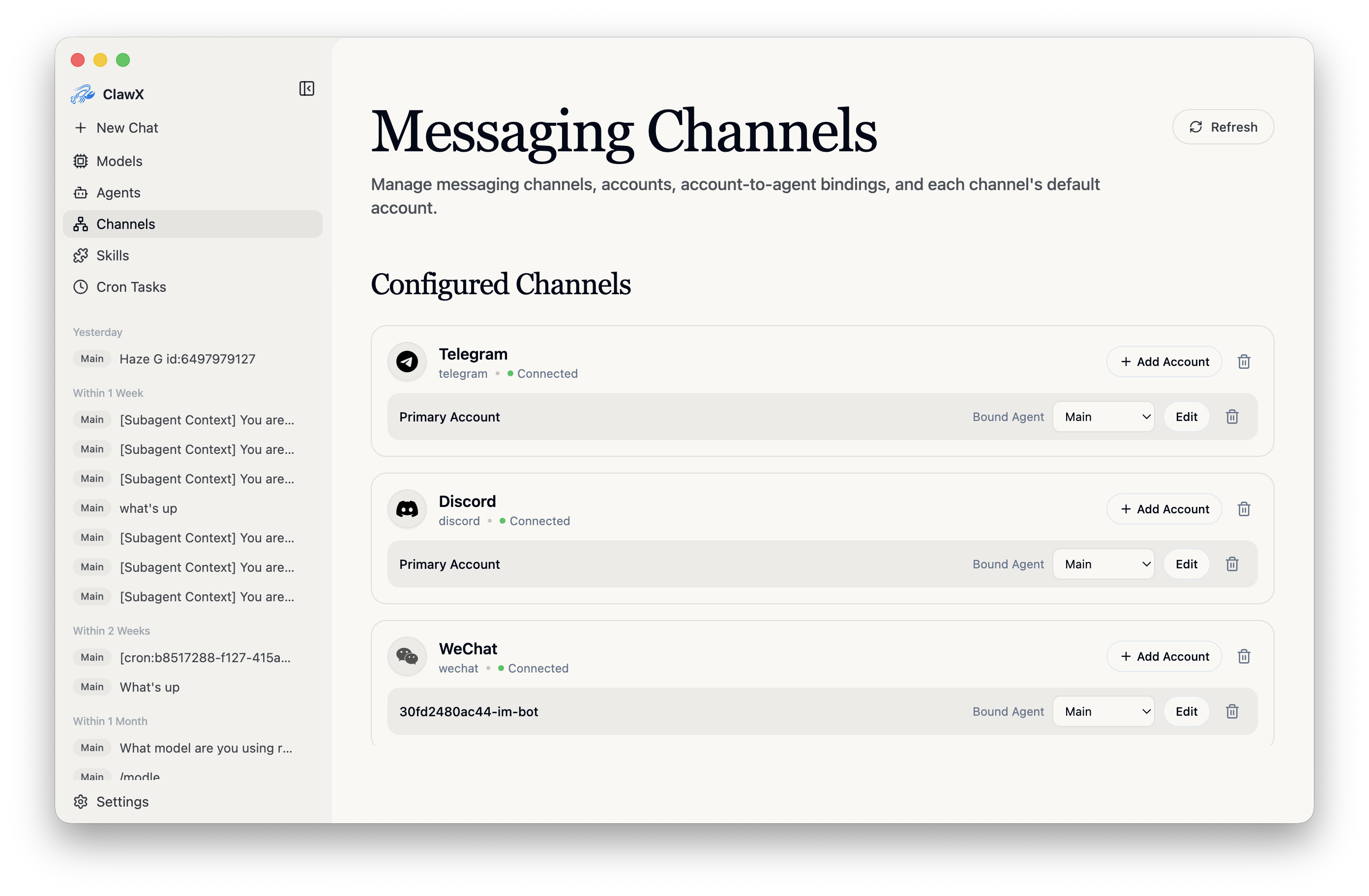 DingTalk / Feishu / WeCom / WhatsApp / Telegram / Discord / QQ preview